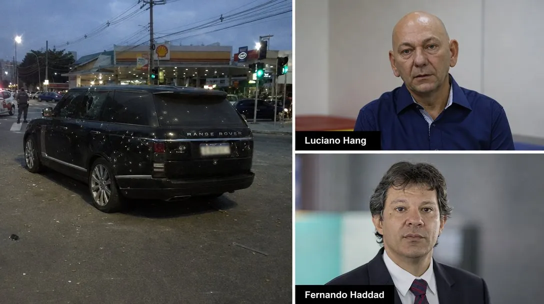 O carro atingido de Hang em frente à megaloja Havan, com retratos de Luciano Hang e Fernando Haddad